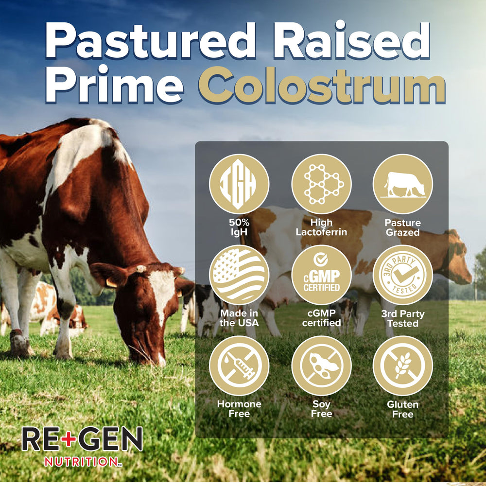 Re+Gen Colostrum Gold 50 label highlights gluten-free and artificial-free sourcing