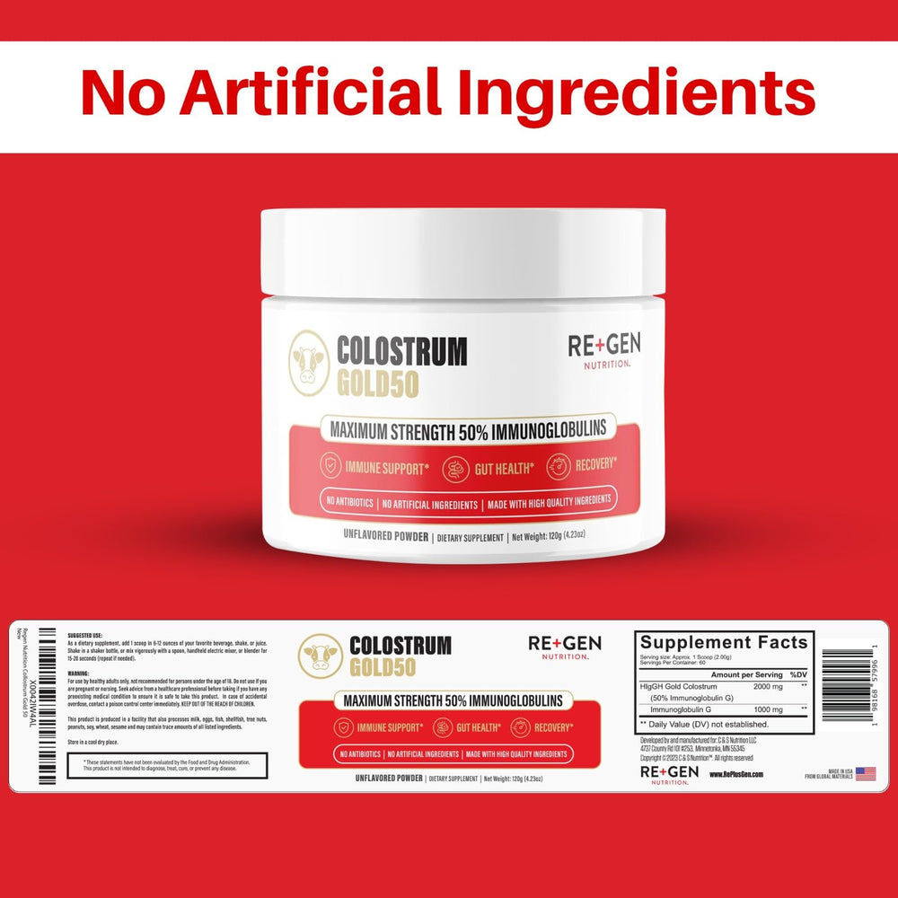 Re+Gen Colostrum Gold 50 scoop ready for easy blend into shakes for gut health
