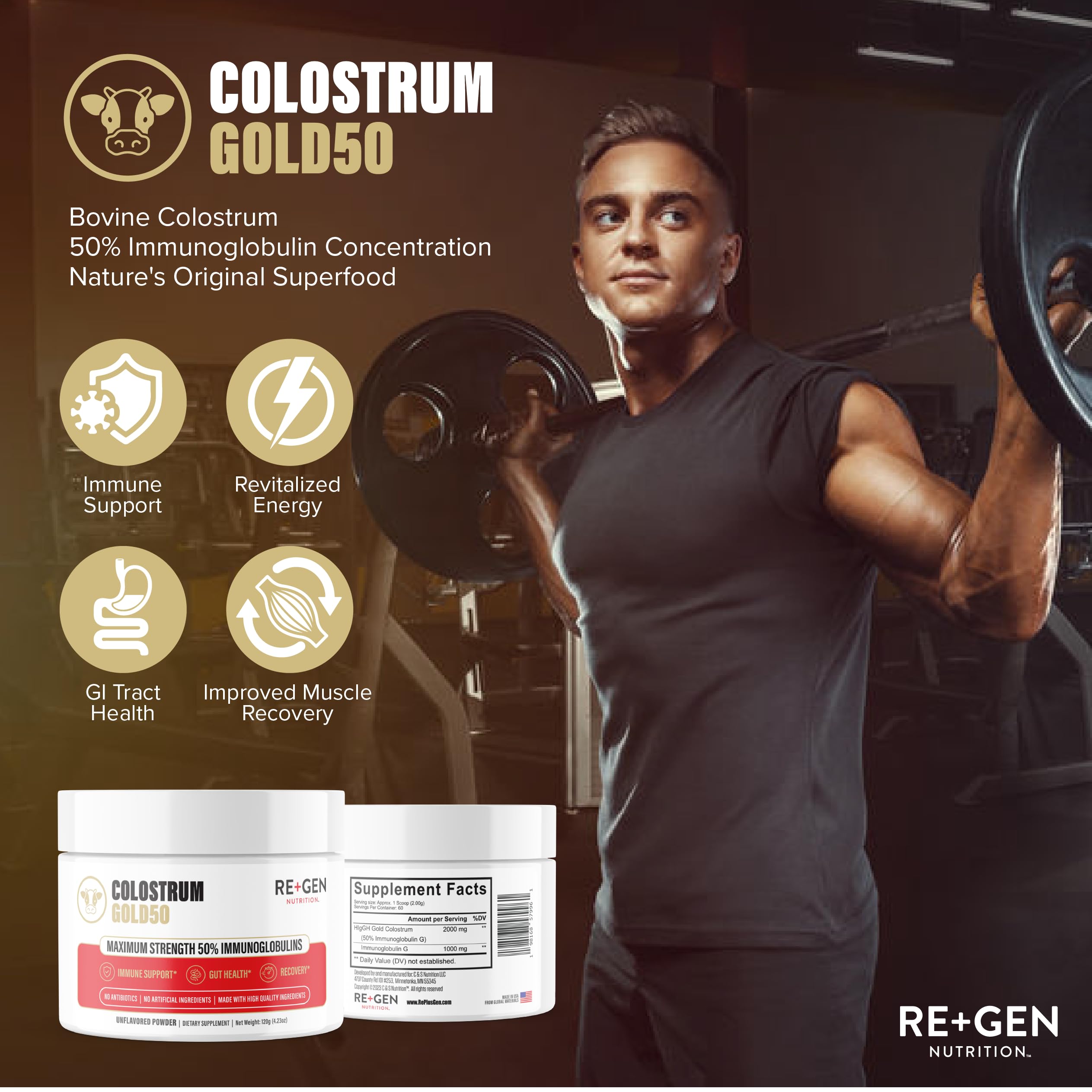 Re+Gen Colostrum Gold 50 serving suggests daily two-scoop use