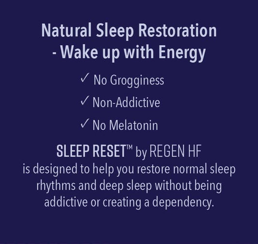 Regen HF Sleep Reset capsules closeup, showing natural amino blend for restful nights.