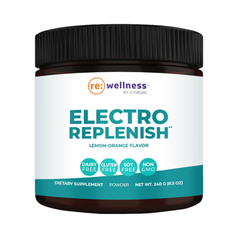 Reignite Wellness ElectroReplenish powder in a glass with lemon-orange flavor for daily hydration