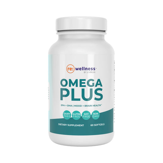 Reignite Wellness Omega Plus bottle front highlighting high-dose omega-3s for heart and brain support
