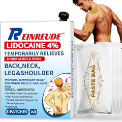 Reinreude lidocaine patch front view with 24-count pack for targeted use.