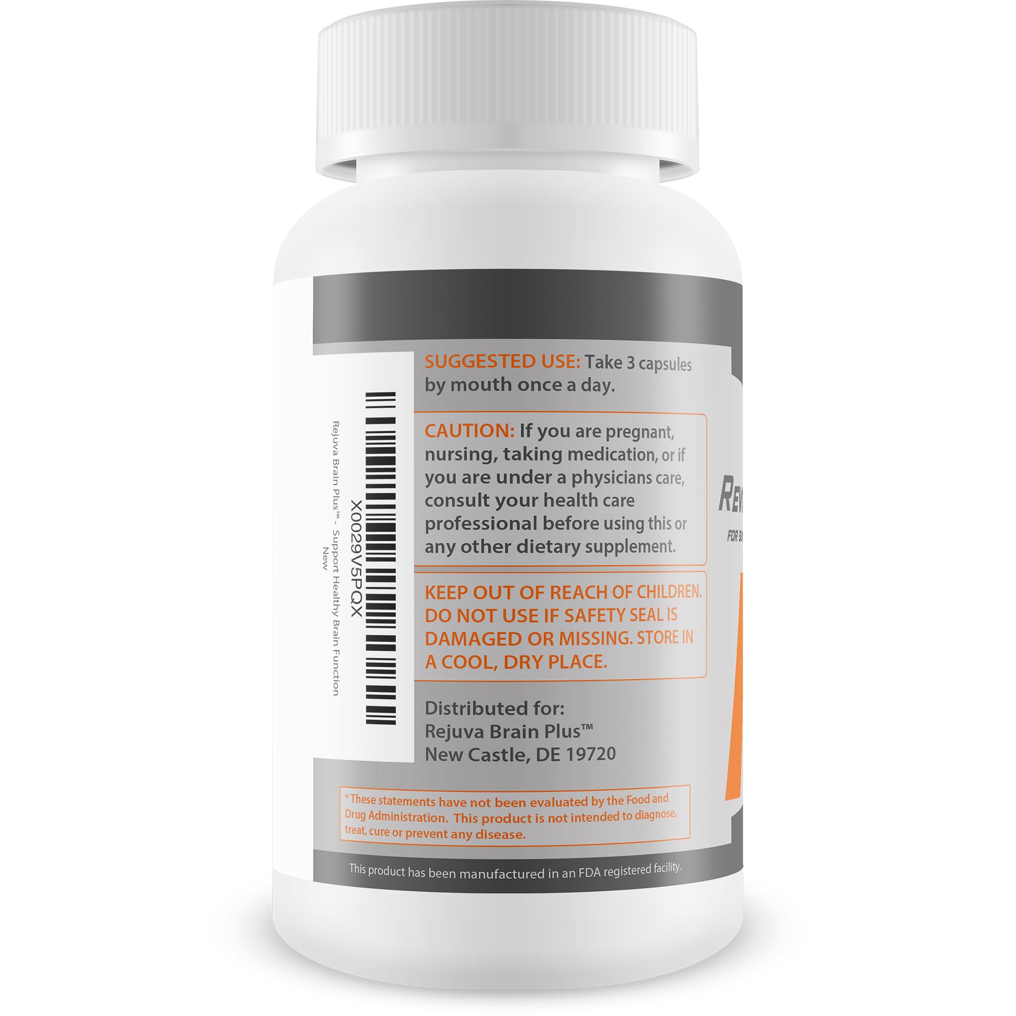 Rejuva Brain Plus label detail showing ingredients and quality