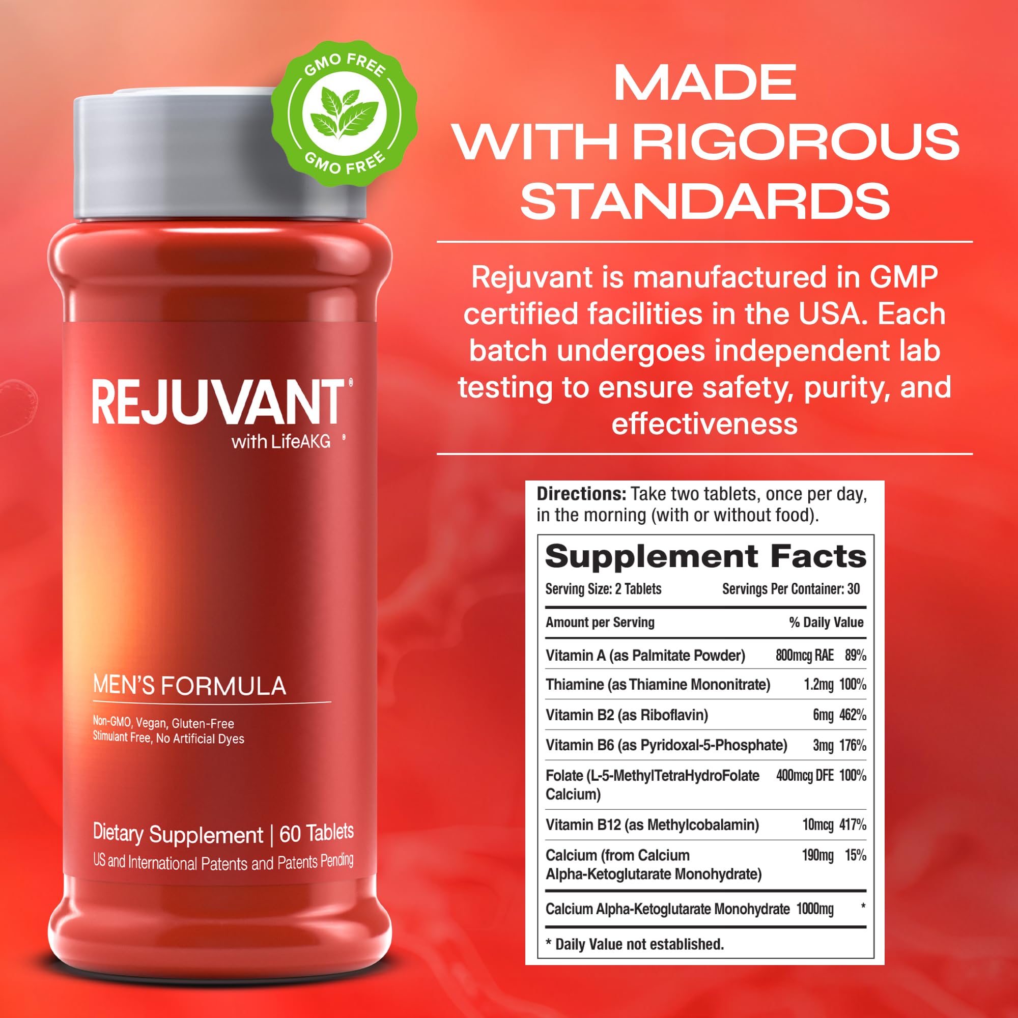 Rejuvant AKG bottle showing methylated B vitamins for better vitamin utilization.