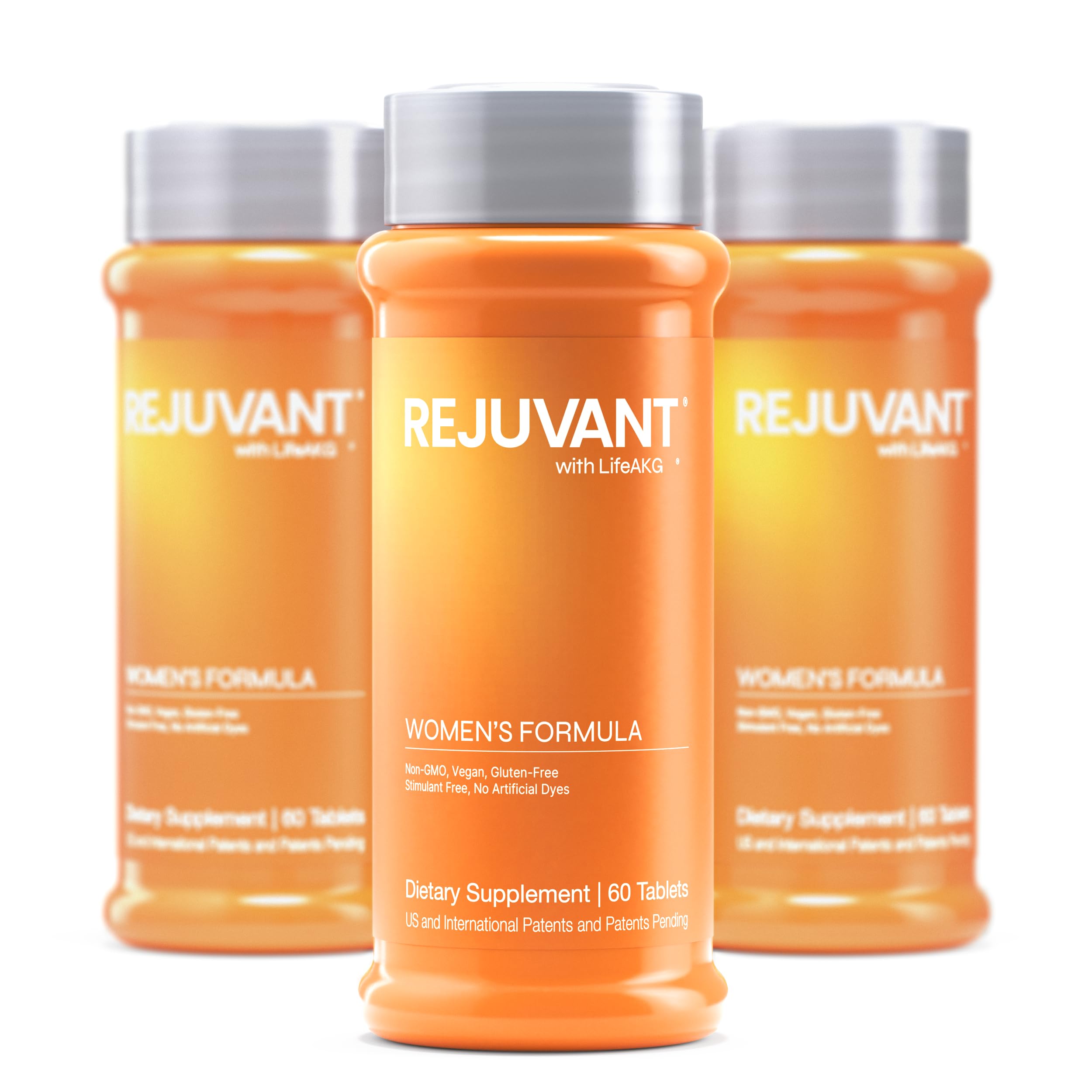 Rejuvant AKG longevity tablets on bottle label for daily wellness.