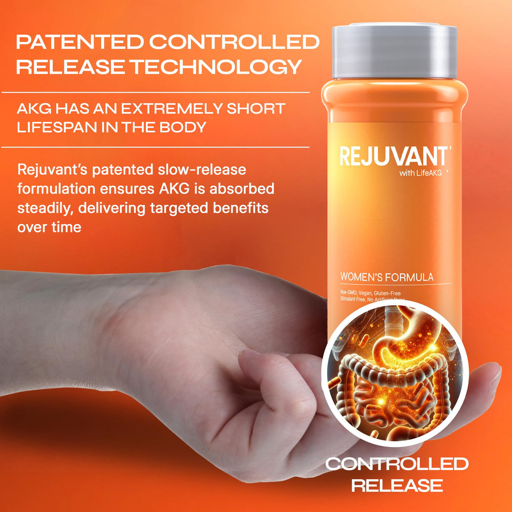 Rejuvant Ca-AKG formula close-up highlights 98% purity for daily use.