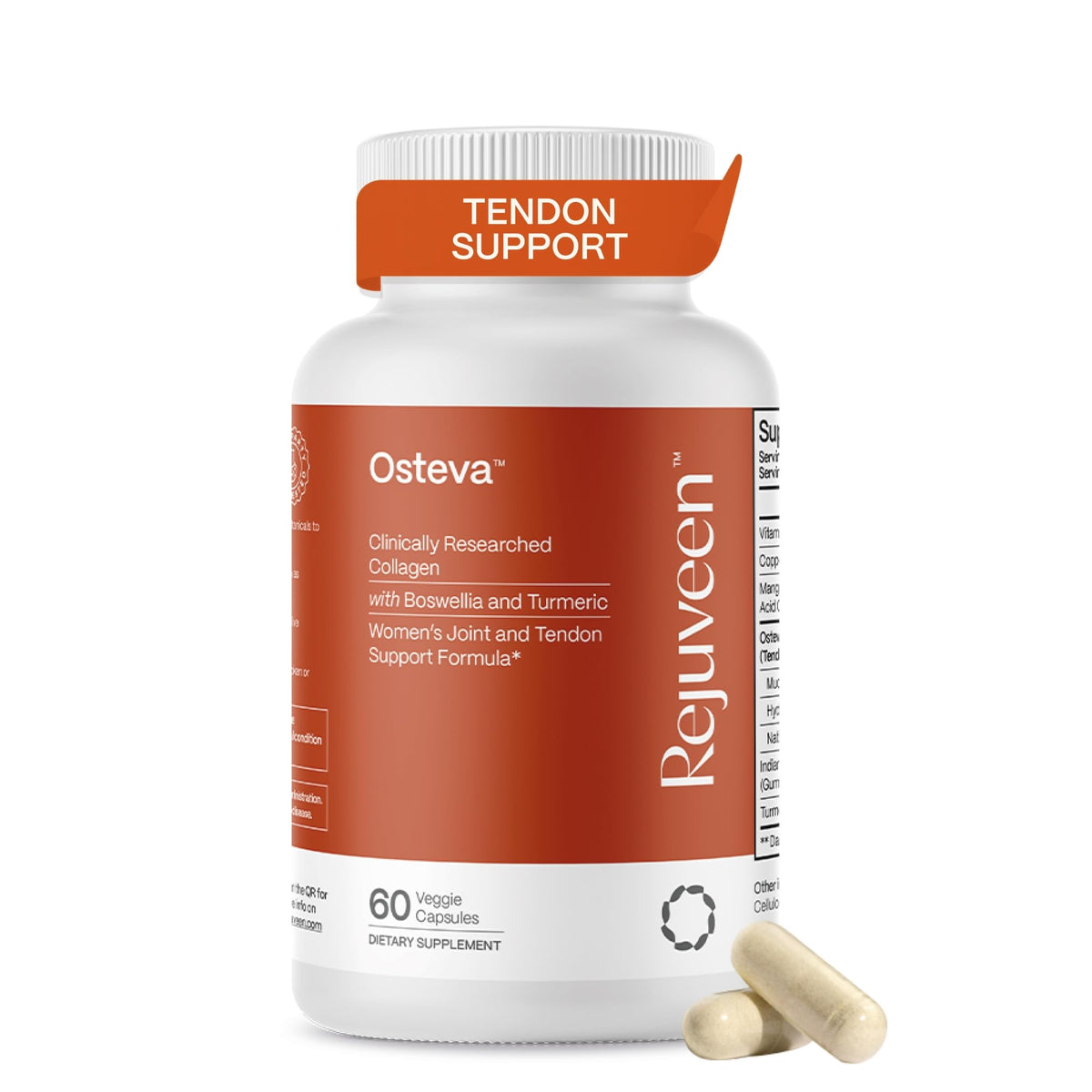 Rejuveen Osteva bottle front showcases joint support for flexible knees and hips.