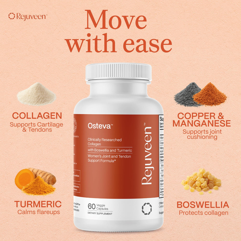 Rejuveen Osteva label packaging emphasizes non-GMO formula and 60-count supply.
