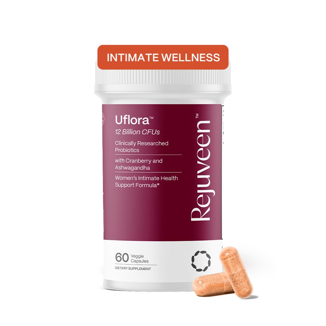 Rejuveen Uflora bottle front label promotes balanced vaginal health and freshness.