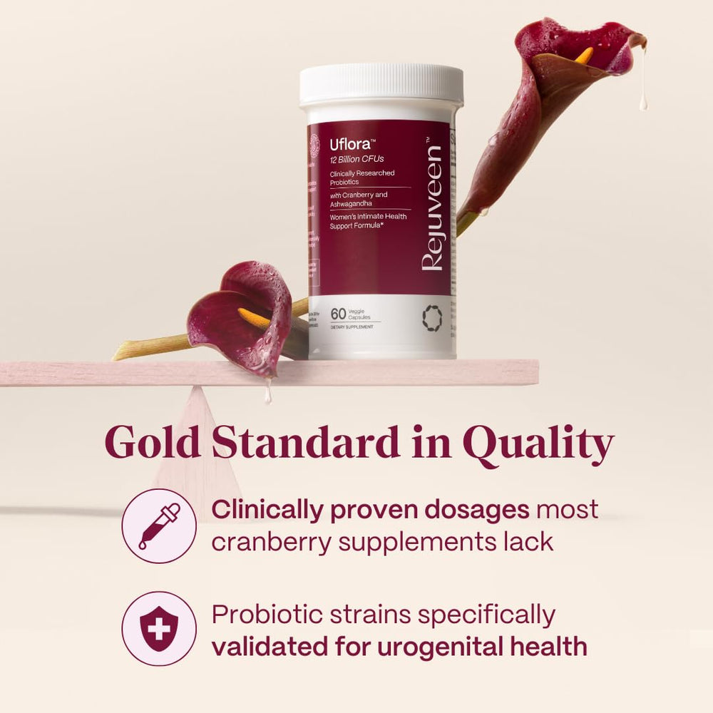Rejuveen Uflora promo card emphasizes cranberry blend for urinary balance.
