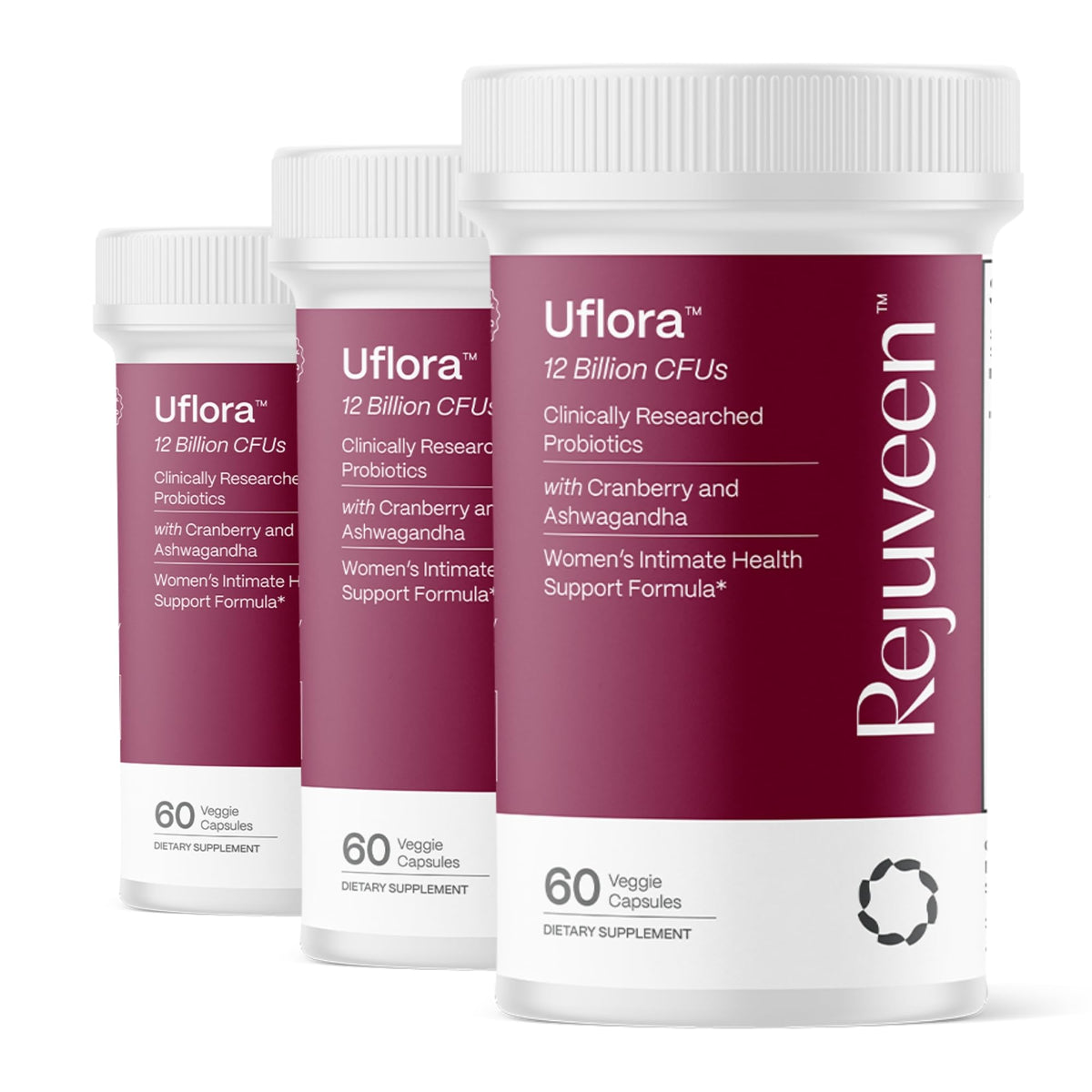 Rejuveen Uflora bottle front shows probiotic blend for vaginal health