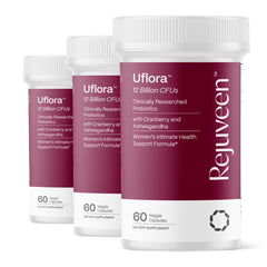 Rejuveen Uflora bottle front shows probiotic blend for vaginal health