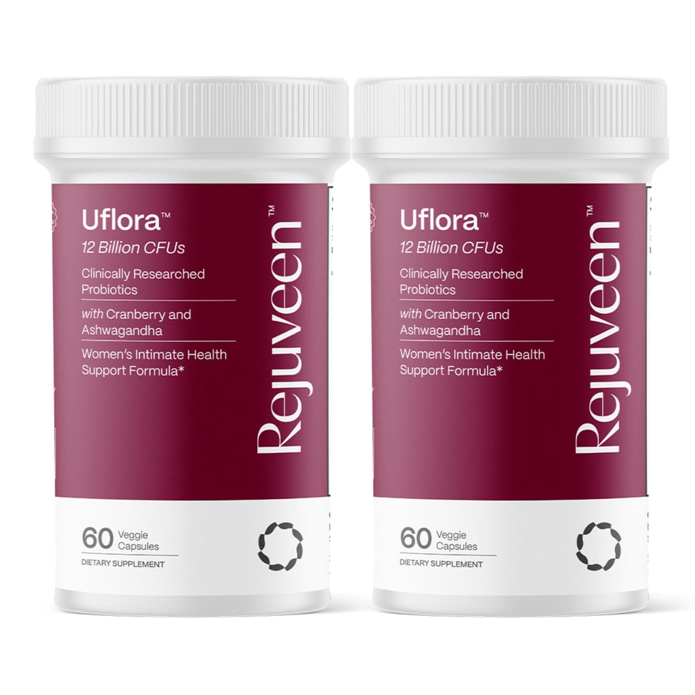 Rejuveen Uflora vaginal probiotics bottle; supports vaginal health and moisture daily.