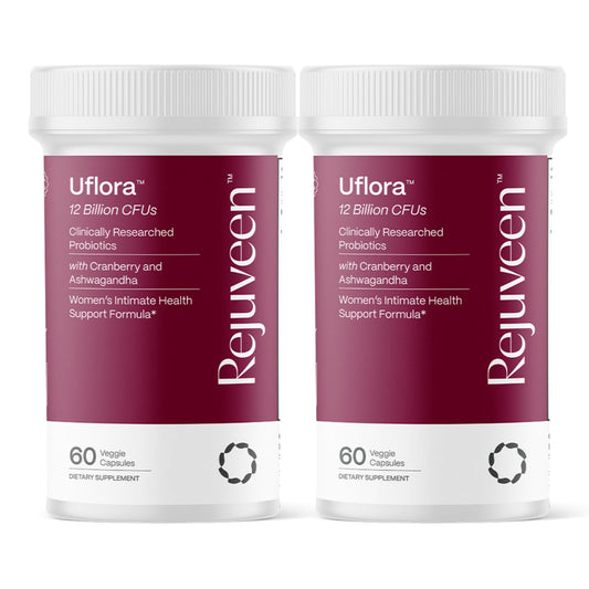 Rejuveen Uflora vaginal probiotics bottle; supports vaginal health and moisture daily.