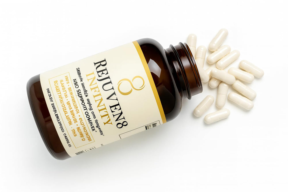 Rejuven8 Infinity bottle front view highlighting NMN capsules for cellular renewal
