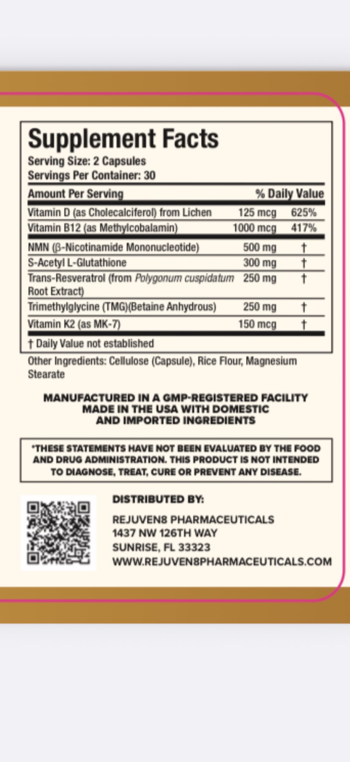Rejuven8 Infinity ingredient label emphasizes NMN, Resveratrol, and B vitamins