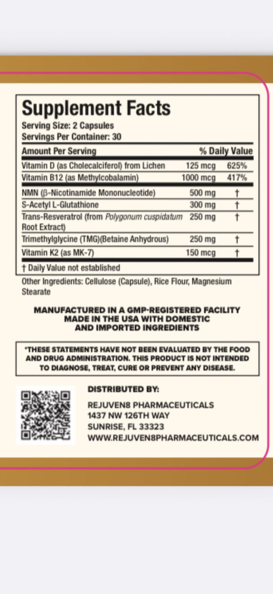 Rejuven8 Infinity ingredient label emphasizes NMN, Resveratrol, and B vitamins