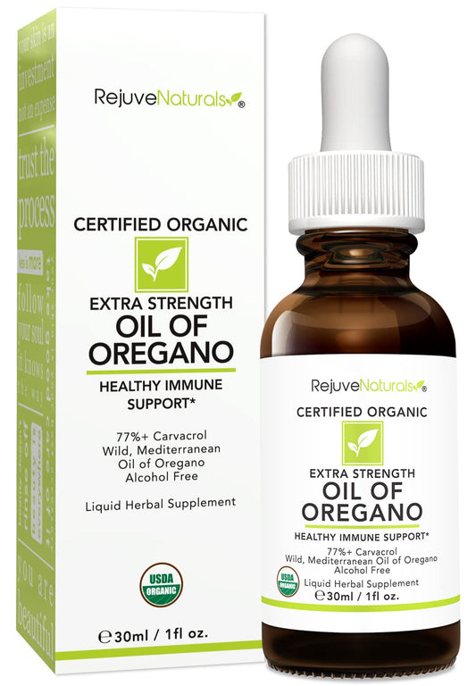 Rejuvenaturals Extra Strength Oil of Oregano dropper highlights concentrated aroma and easy use.