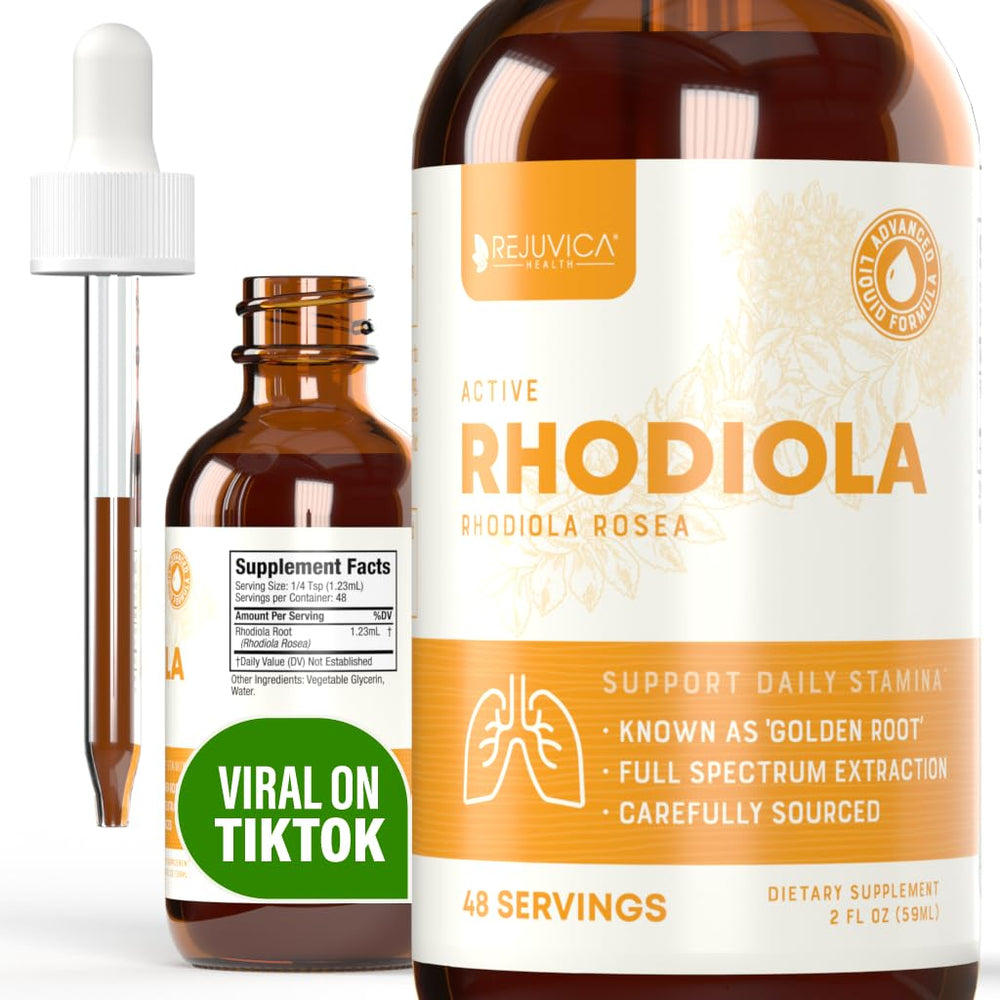 Rejuvica Health Active Rhodiola bottle pour supports energy.
