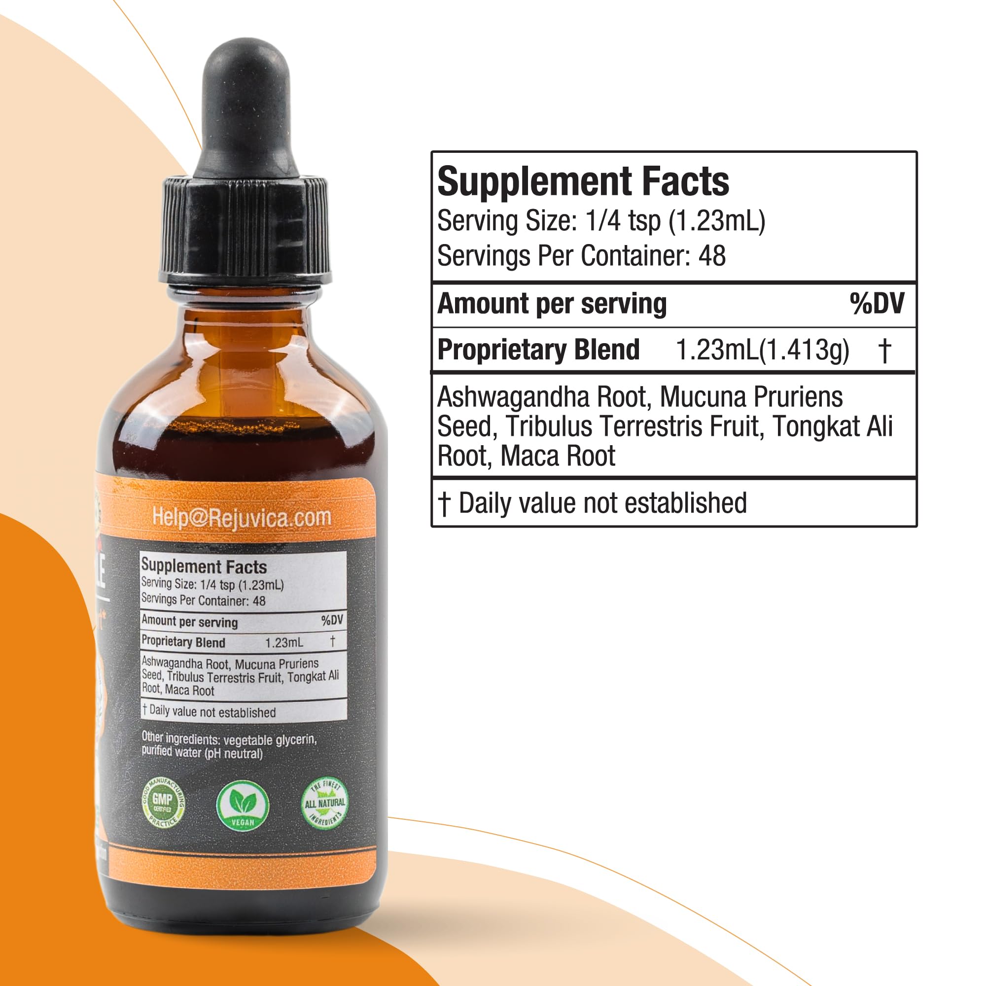 Rejuvica Health Activated Male tincture pour—neatly dispensed with each squeeze.