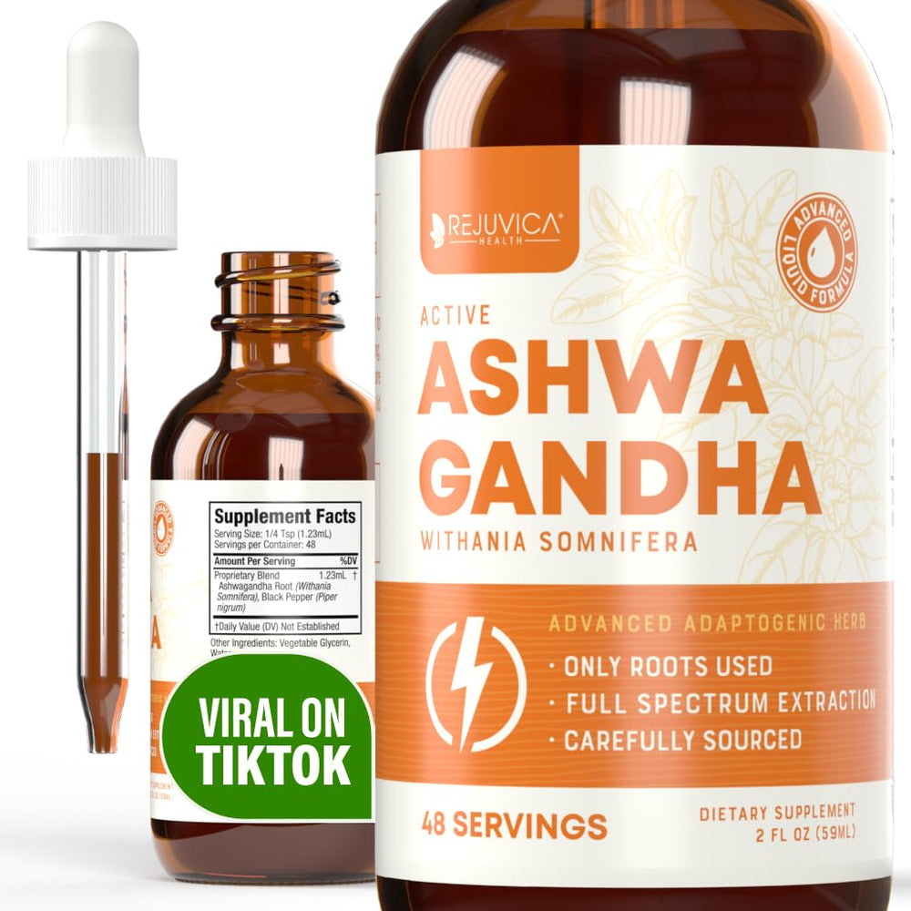 Rejuvica Health Active Ashwagandha bottle close-up showing liquid tincture for daily use