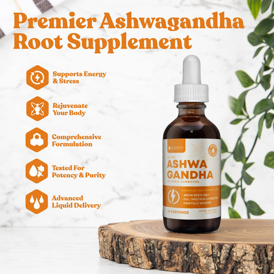 Rejuvica Health Active Ashwagandha drops being poured for quick absorption