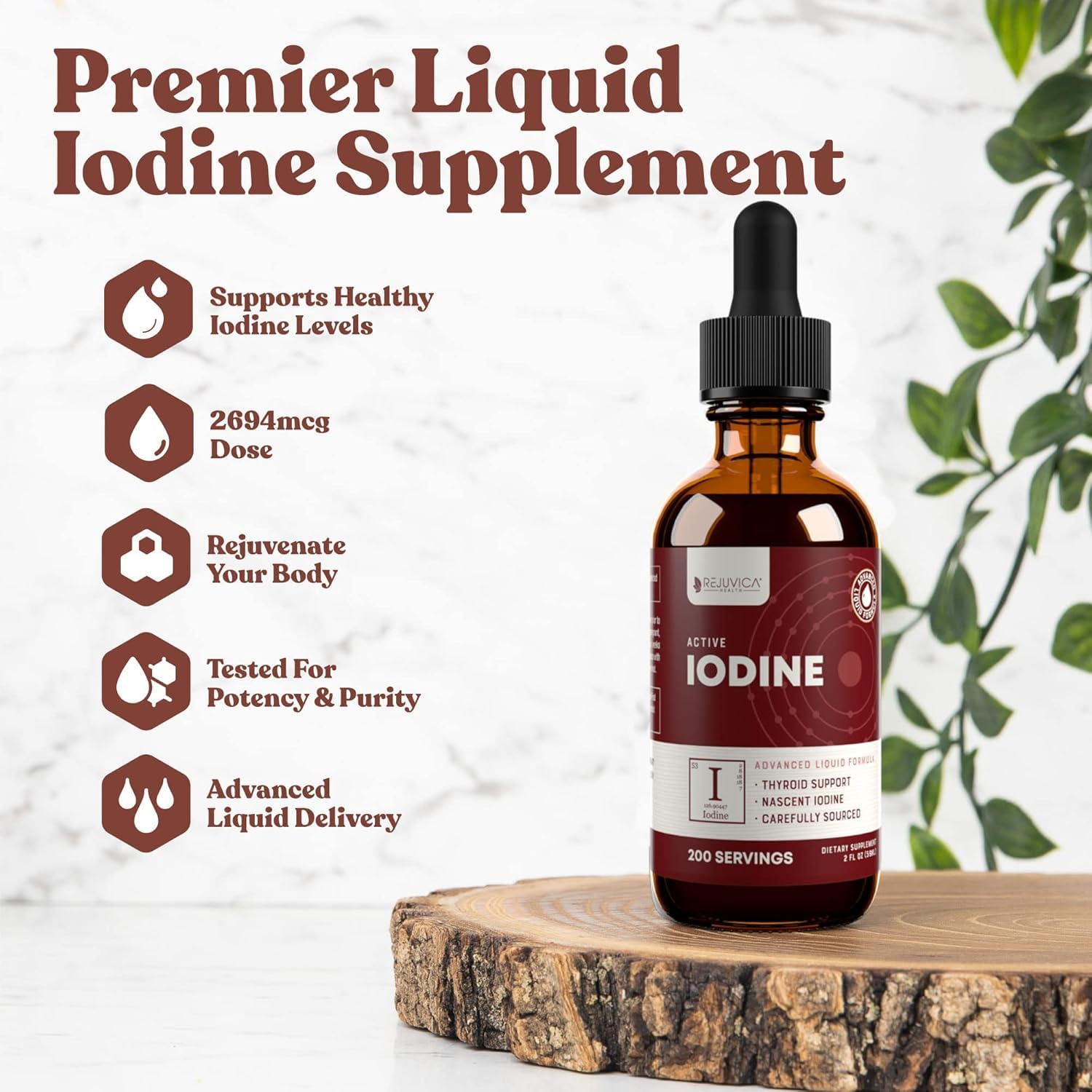 Rejuvica Health Active Iodine Drops pour shows dropper-ready liquid for easy dosing.