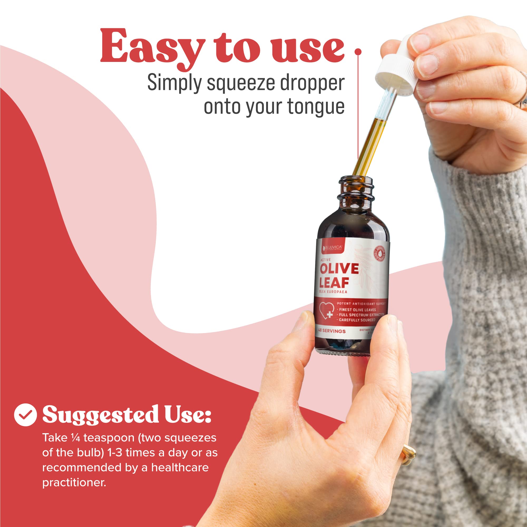 Rejuvica Health Active Olive Leaf Drops taste-test image suggests pleasant flavor.