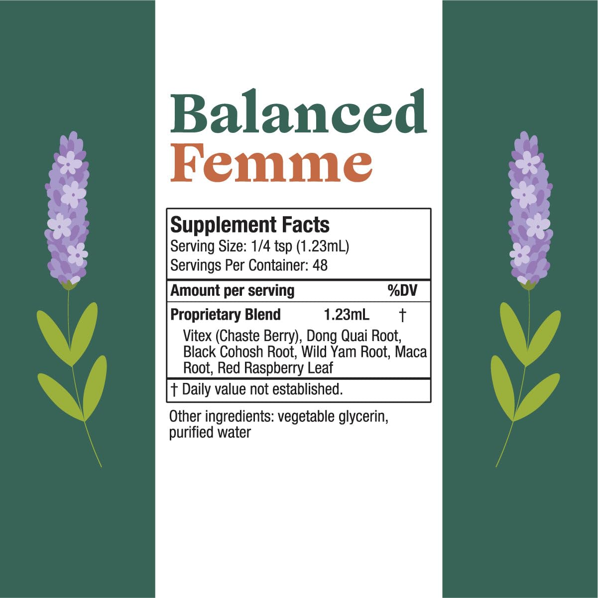 Dropper ready to dose on the tongue with Rejuvica Health Balanced Femme.