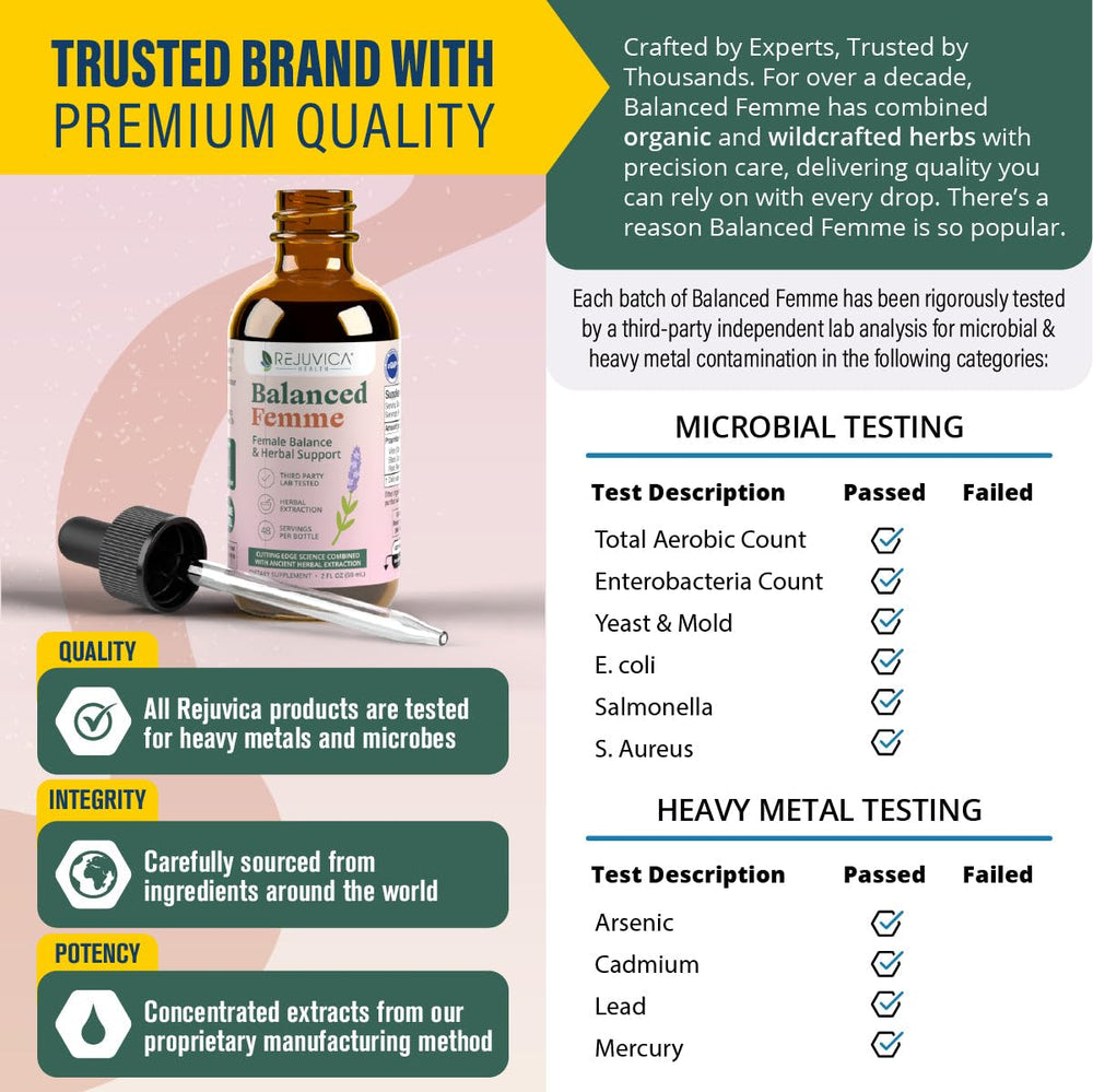 Rejuvica Health Balanced Femme label closeup showing alcohol-free liquid formula.