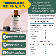 Rejuvica Health Balanced Femme label closeup showing alcohol-free liquid formula.