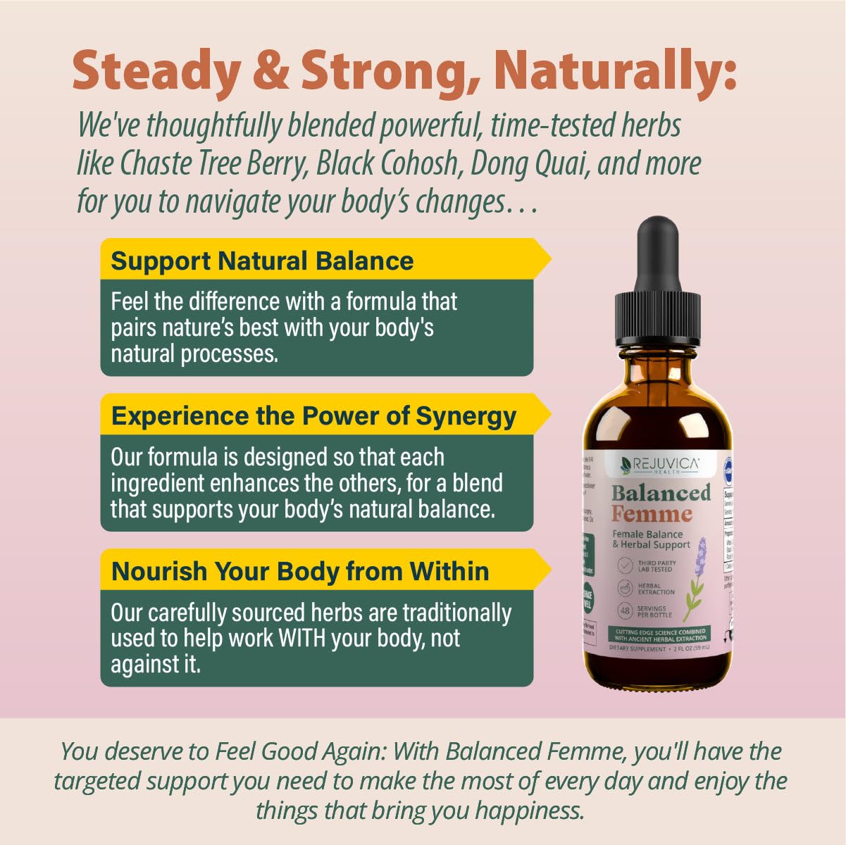 Rejuvica Health Balanced Femme liquid in glass demonstrates smooth, easy administration.