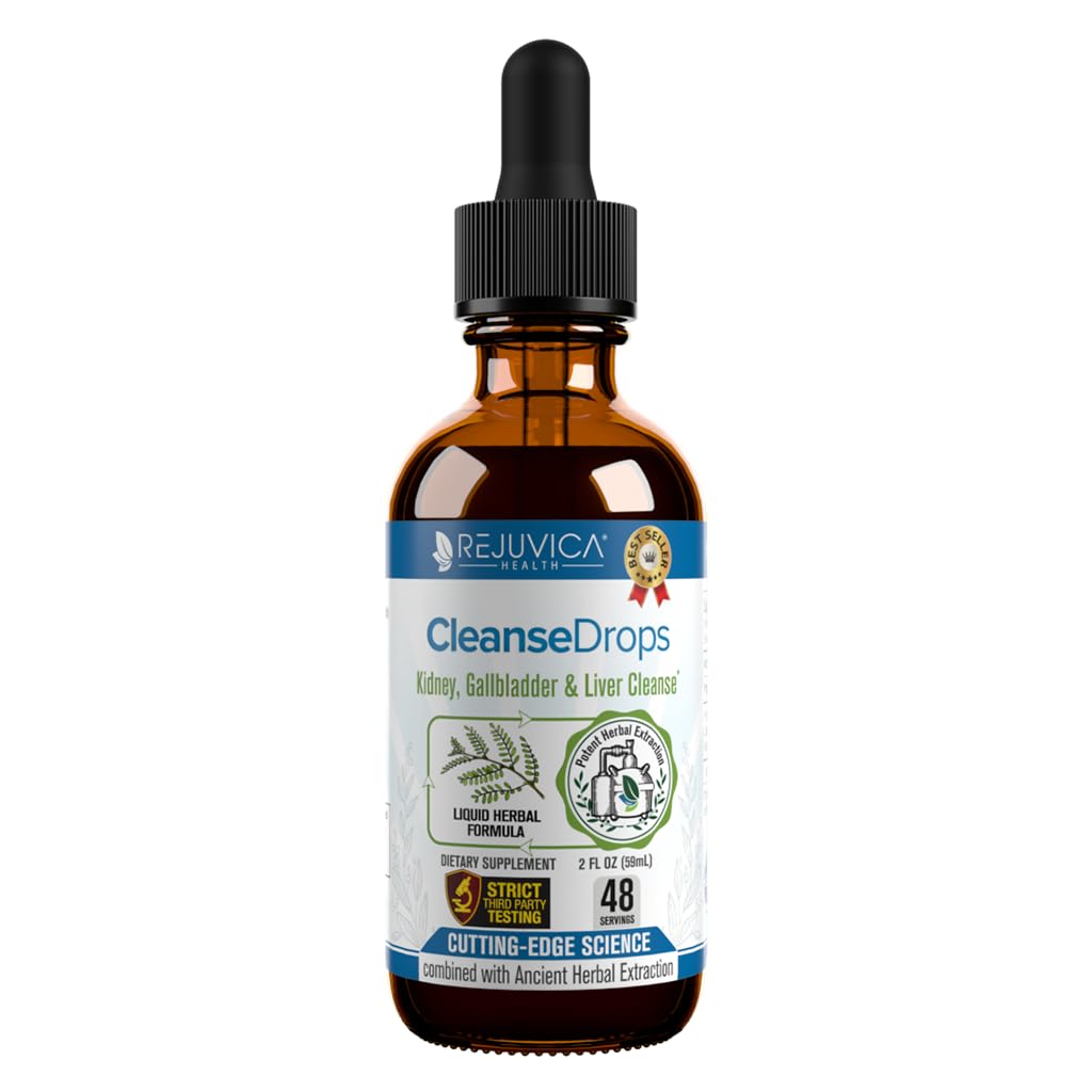 Rejuvica Health Cleanse Drops bottle close-up showing liquid formula for kidney support
