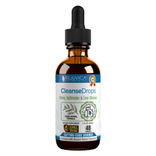 Rejuvica Health Cleanse Drops bottle close-up showing liquid formula for kidney support