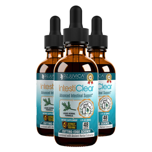Rejuvica Health IntestiClear bottle and dropper for easy herbal intake.