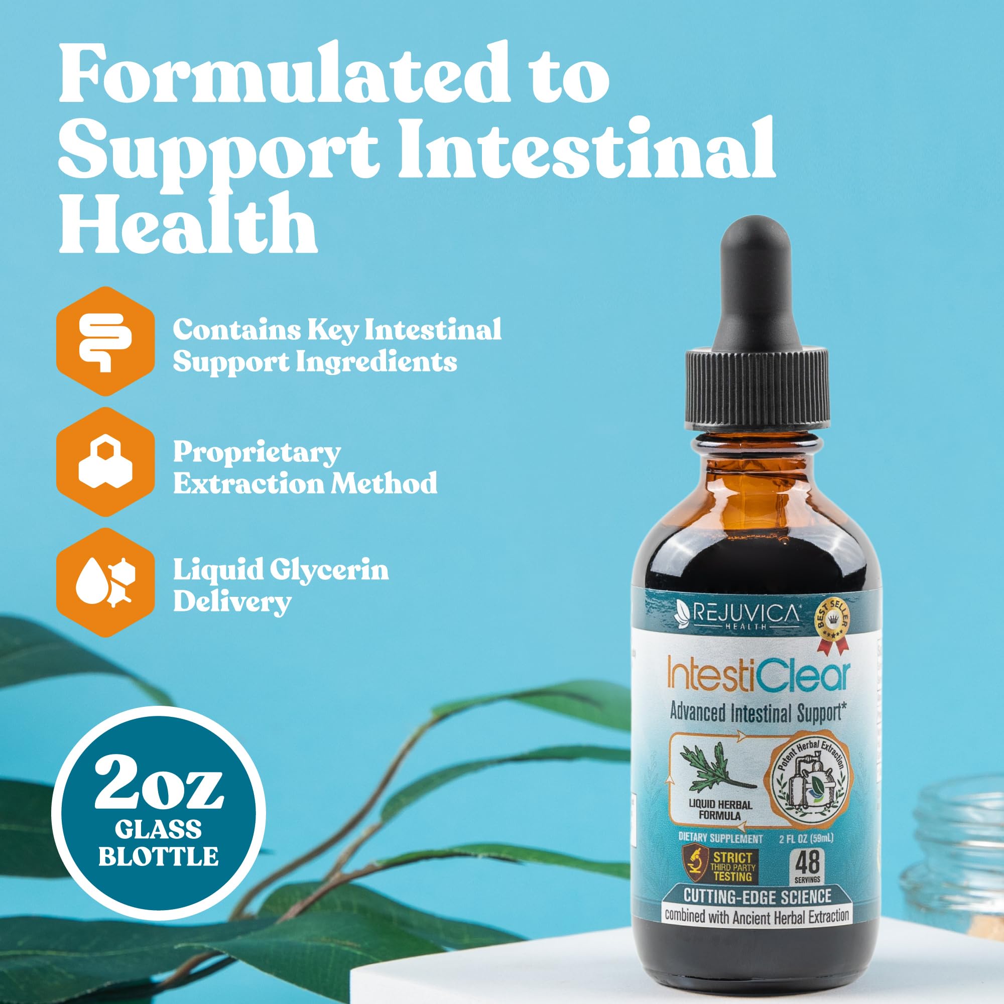 Close-up of IntestiClear ingredient list highlighting seven herbal extracts.