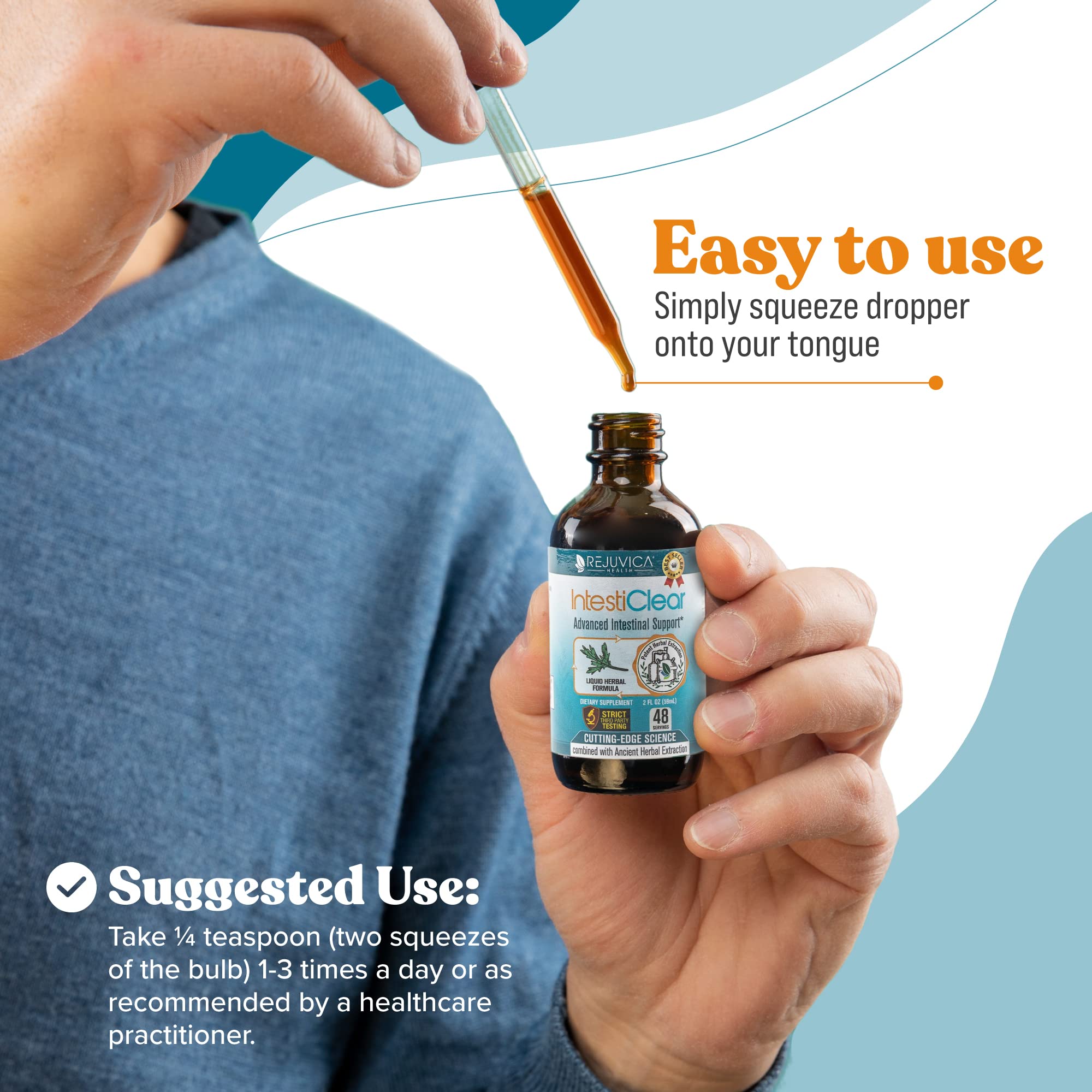 IntestiClear bottle with USA-made and third-party tested quality badge