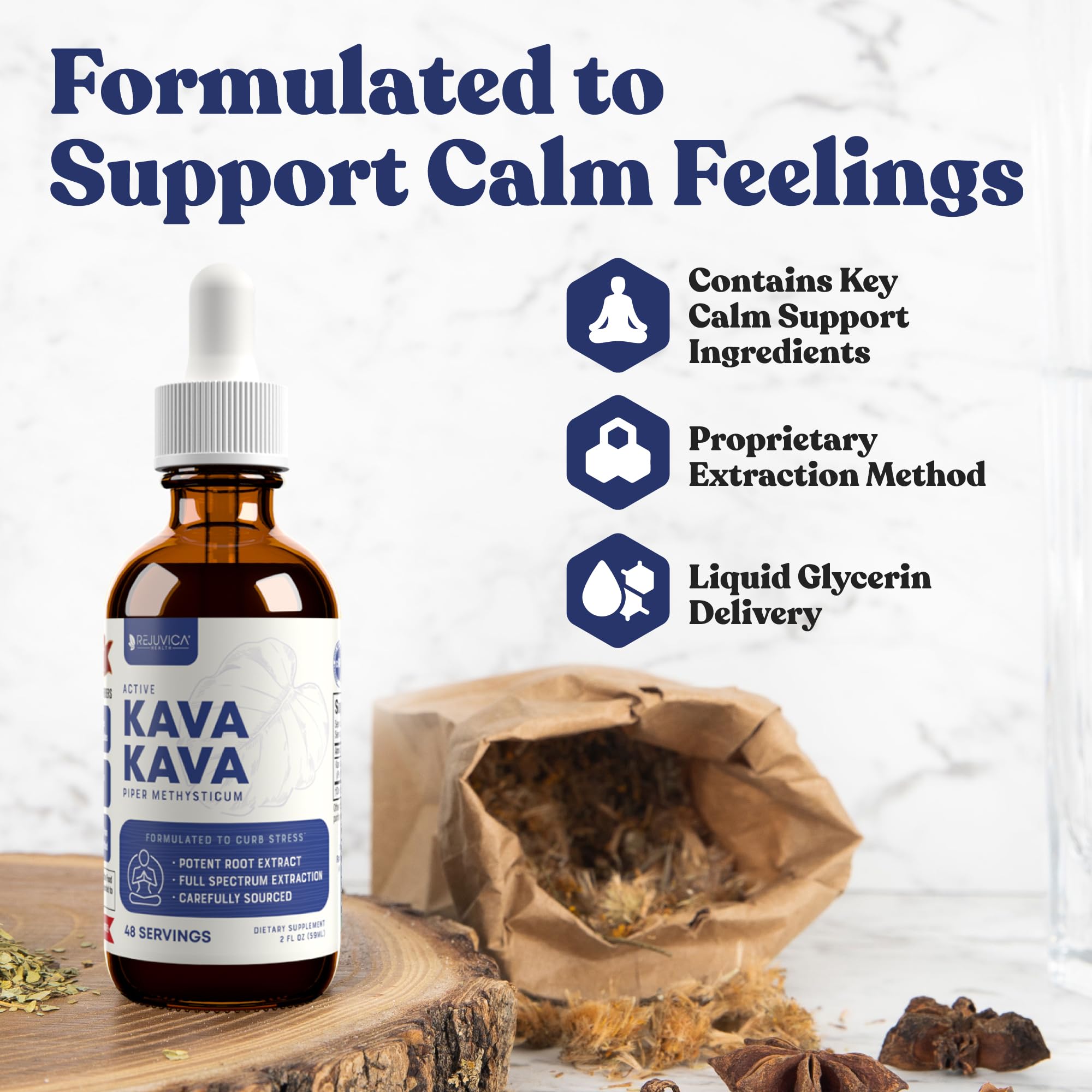 Liquid extract dropper dispensing calm support from Rejuvica Health kava.