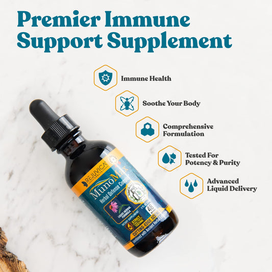 Rejuvica Health MunoMax amber bottle close-up highlighting liquid for absorption