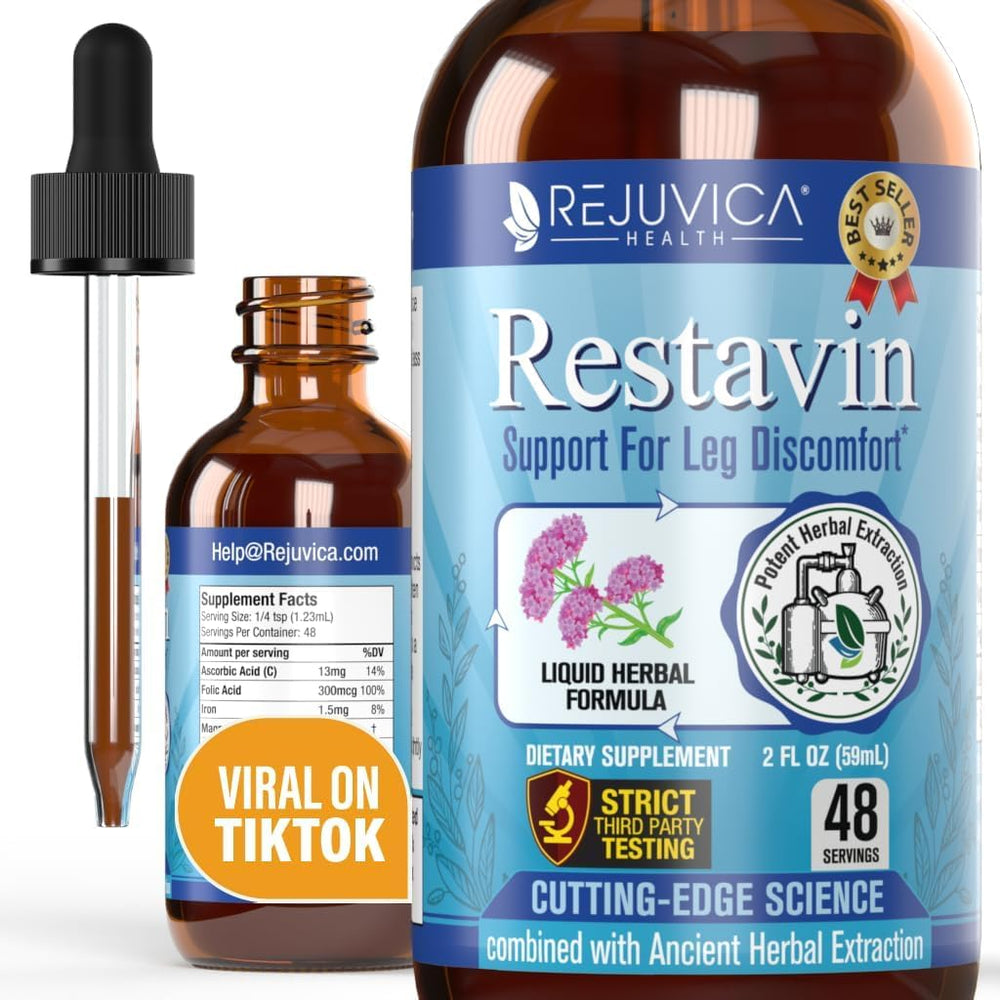Restavin bottle front view by Rejuvica Health for leg support supplementation.
