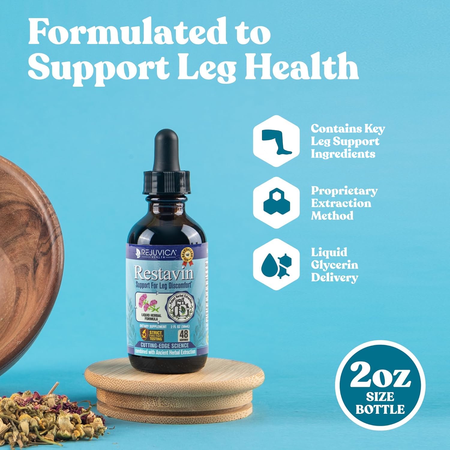 Pouring Restavin liquid supplement for quick on-the-go leg support.