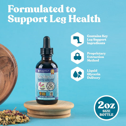 Pouring Restavin liquid supplement for quick on-the-go leg support.
