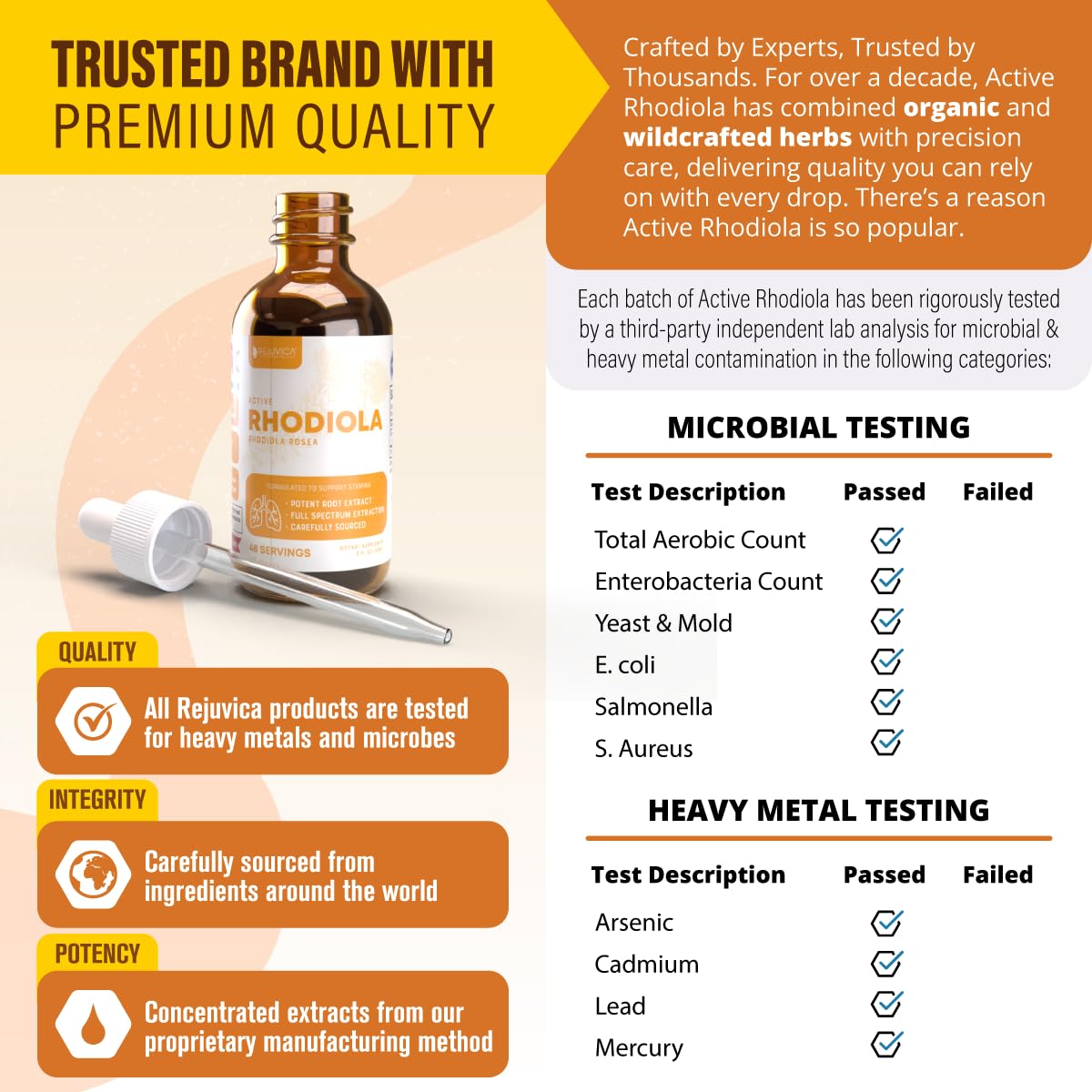 Rhodiola root extract label emphasizing premium sourcing from organic or wildcrafted farms.