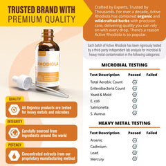 Rhodiola root extract label emphasizing premium sourcing from organic or wildcrafted farms.