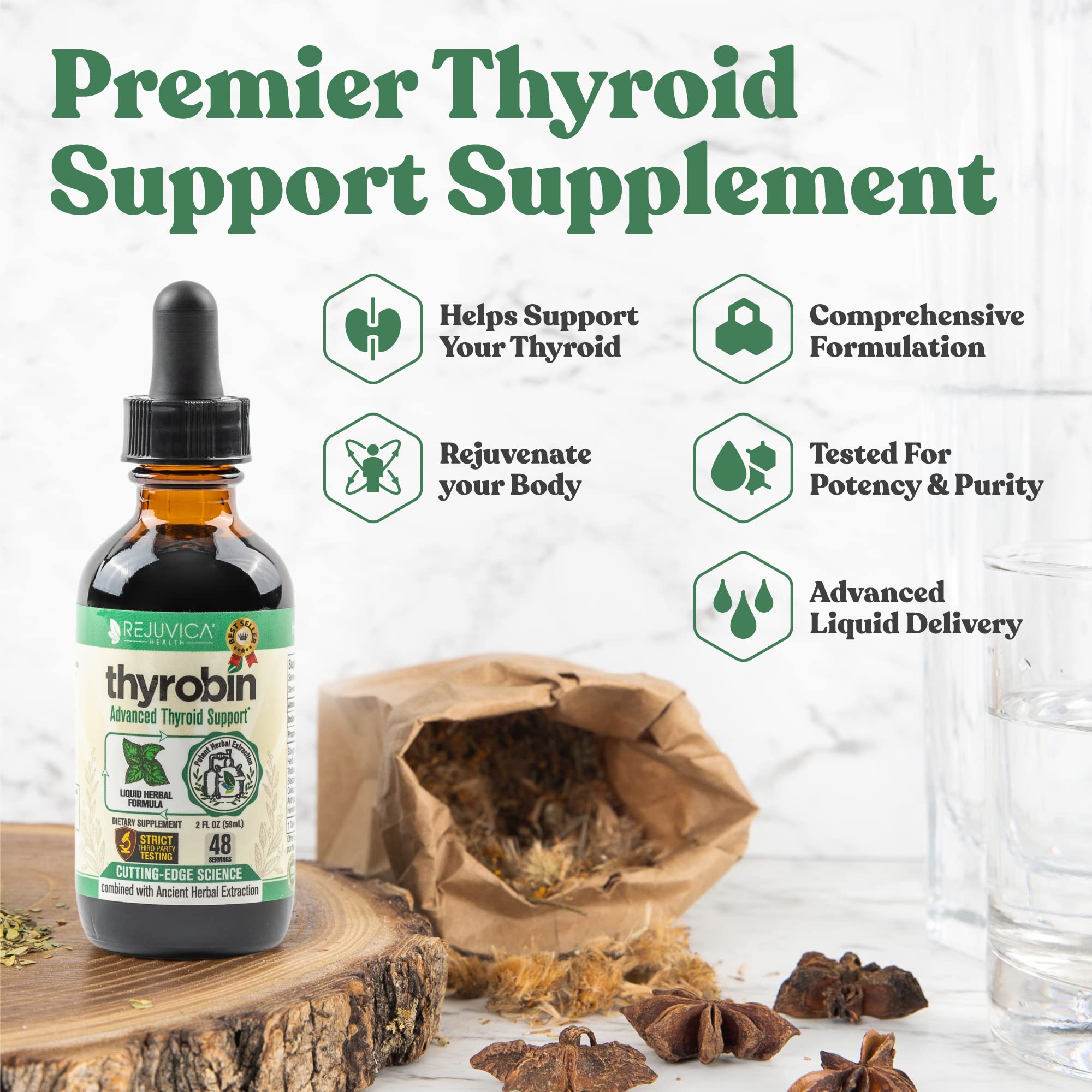 Rejuvica Health Thyrobin liquid dropper highlights fast, alcohol-free delivery.