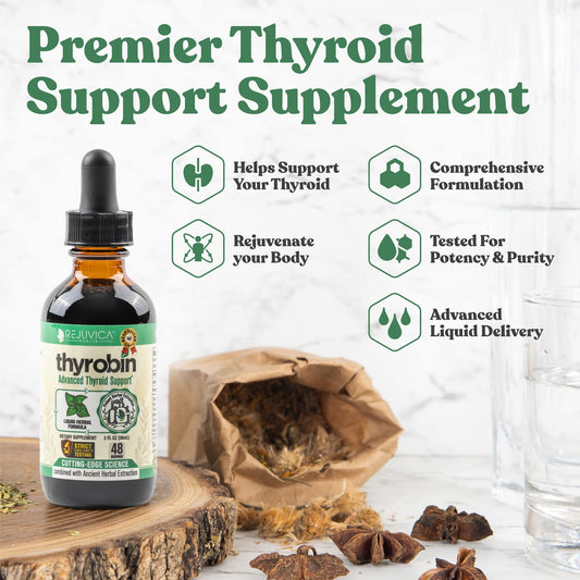 Rejuvica Health Thyrobin liquid dropper highlights fast, alcohol-free delivery.