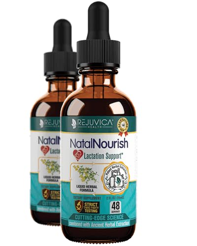 Rejuvica NatalNourish bottle pour shows convenient liquid delivery for lactation support.