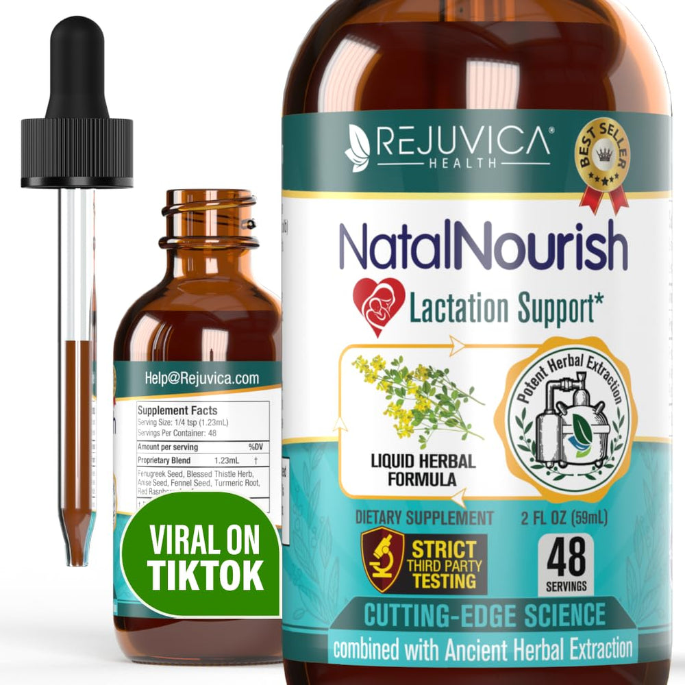 Rejuvica NatalNourish bottle pouring liquid for easy daily lactation support.