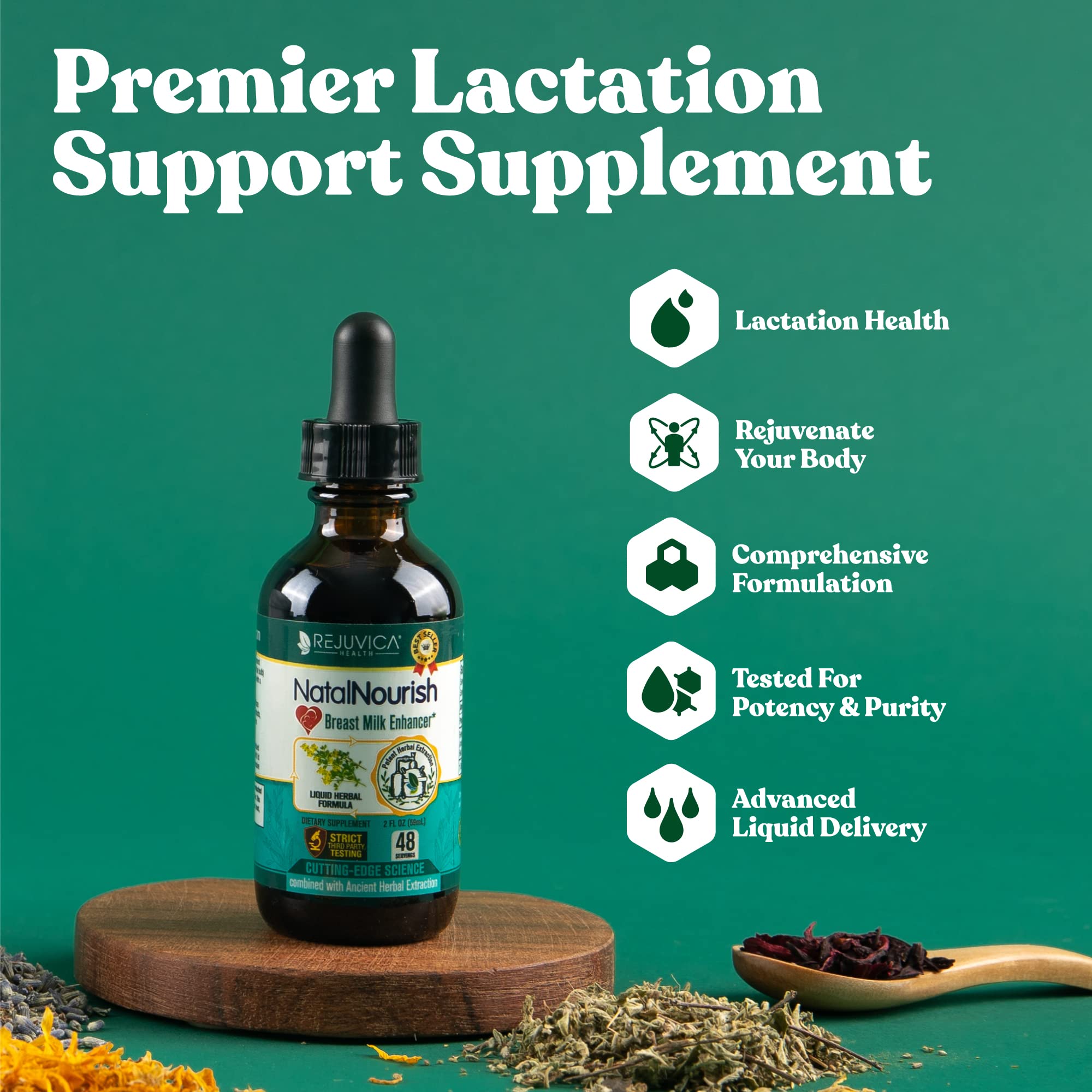 Rejuvica NatalNourish liquid drops highlight fast-acting herbal support for breastfeeding.